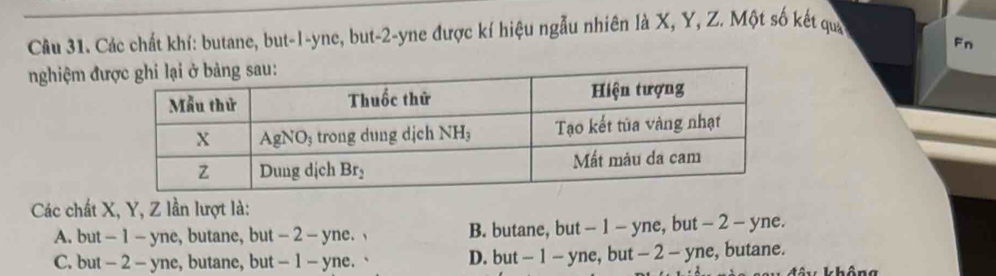 Cầu 31. Các chất khí: butane, but-l-yne, but-2-yne được kí hiệu ngẫu nhiên là X, Y, Z. Một số kết qua
Fn
nghiệm đư
Các chất X, Y, Z lần lượt là:
A. but - 1 - yne, butane, but - 2 - yne. B. butane, but - 1 - yne, but - 2 - yne.
C. but - 2 - yne, butane, but - 1 - yne. D. but - 1 - yne, but - 2 - yne, butane.