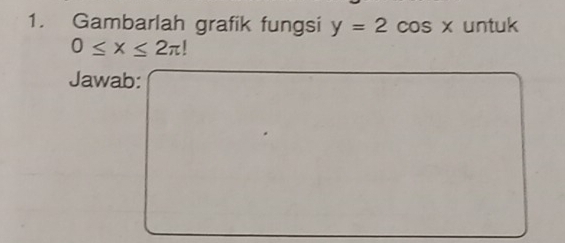 Gambarlah grafik fungsi y=2cos x untuk
0≤ x≤ 2π !
Jawab: