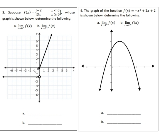 The graph of the function f(x)=-x^2+2x+2
3. Suppose f(x)=beginarrayl -2x<0 3xx≥ 0endarray , whose is shown below, determine the following: 
graph is shown below, determine the following: 
a. limlimits _xto 4^-f(x) b. limlimits _xto 4^+f(x)
a. limlimits _xto 0^-f(x) b. limlimits _xto 0^+f(x)
a._ 
a._ 
b. 
_ 
b._