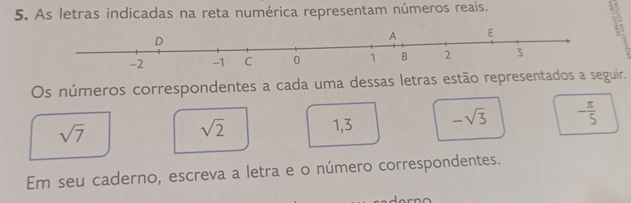 As letras indicadas na reta numérica representam números reais. 
Os números correspondentes a cada uma dessas letras estão representados a seguir.
- π /5 
sqrt(2)
sqrt(7) 1,3
-sqrt(3)
Em seu caderno, escreva a letra e o número correspondentes.