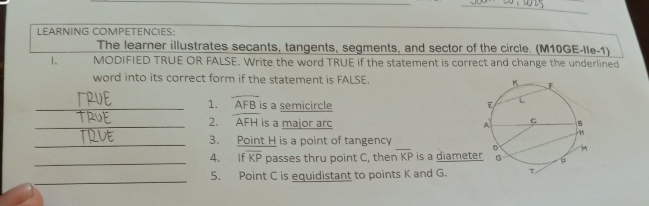 LEARNING COMPETENCIES: 
The learner illustrates secants, tangents, segments, and sector of the circle. (M10GE-Ile-1) 
1. MODIFIED TRUE OR FALSE. Write the word TRUE if the statement is correct and change the underlined 
word into its correct form if the statement is FALSE. 
_1. widehat AFB is a semicircle 
_2. widehat AFH is a major arc 
_3. Point H is a point of tangency 
_ 
4. If overline KP passes thru point C, ther overline KP is a diamete 
_ 
5. Point C is equidistant to points K and G.