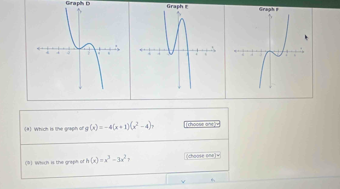 Graph D 
(a) Which is the graph of g(x)=-4(x+1)(x^2-4) ? (choose one)√ 
(b) Which is the graph of h(x)=x^3-3x^2 ? (choose one)≌