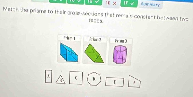 1D 1E × 1F Summary 
Match the prisms to their cross-sections that remain constant between two 
faces. 
Prism 1 Prism 2 Prism 3
A  D E F
B