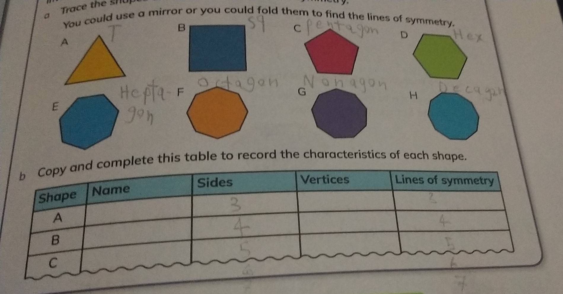 Trace the S h u 
You could use a mirror or you could fold them to find the lines of symmetry.
B
D
G
H
mplete this table to record the characteristics of each shape.