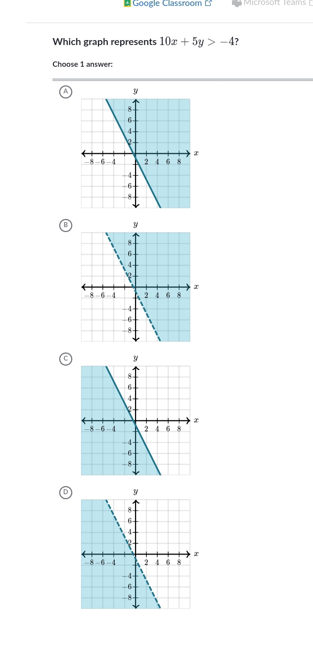 Google Classroom Cwidehat j Microsoft Teams [ 
Which graph represents 10x+5y>-4 ? 
Choose 1 answer: 
B 
D