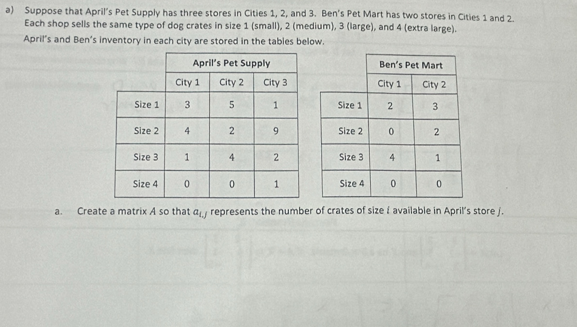 Suppose that April's Pet Supply has three stores in Cities 1, 2, and 3. Ben's Pet Mart has two stores in Cities 1 and 2. 
Each shop sells the same type of dog crates in size 1 (small), 2 (medium), 3 (large), and 4 (extra large). 
April’s and Ben’s inventory in each city are stored in the tables below. 
a. Create a matrix A so that a_i,j represents the number of crates of size i available in April’s store j.