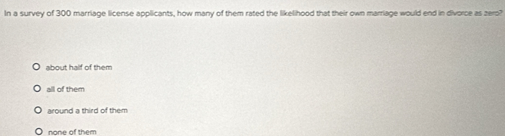 In a survey of 300 marriage license applicants, how many of them rated the likelihood that their own marriage would end in divorce as zerp?
about half of them
all of them
around a third of them
none of them
