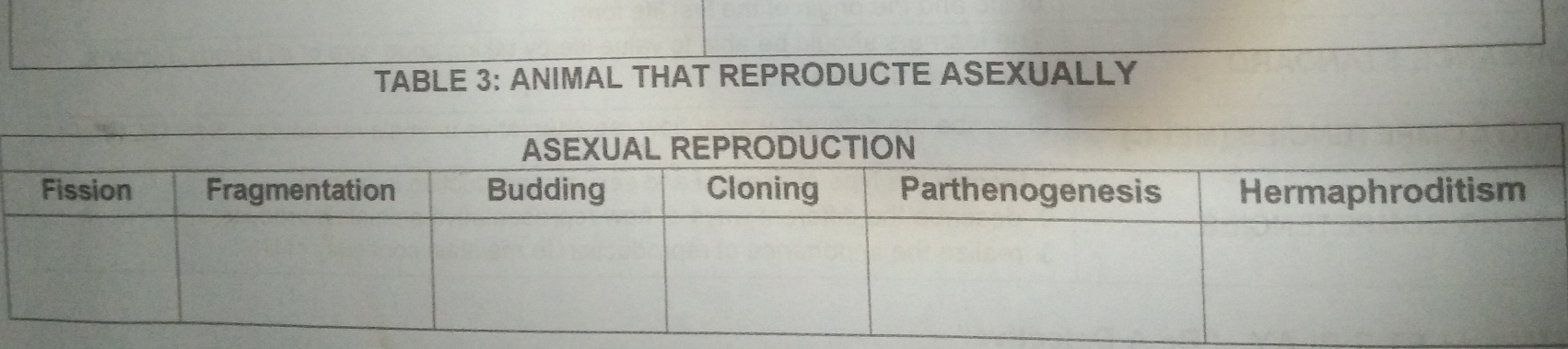 TABLE 3: ANIMAL THAT REPRODUCTE ASEXUALLY