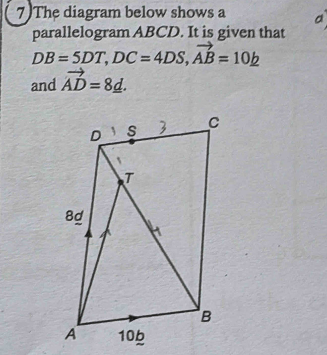 7)The diagram below shows a 
parallelogram ABCD. It is given that
DB=5DT, DC=4DS, vector AB=10_ b
and vector AD=8_ d.