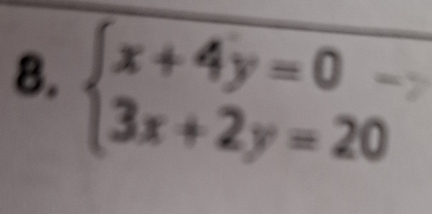 beginarrayl x+4y=0- 3x+2y=20endarray.