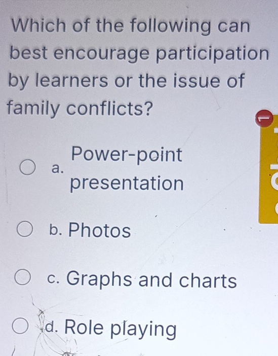 Which of the following can
best encourage participation
by learners or the issue of
family conflicts?
Power-point
a.
presentation
b. Photos
c. Graphs and charts
d. Role playing