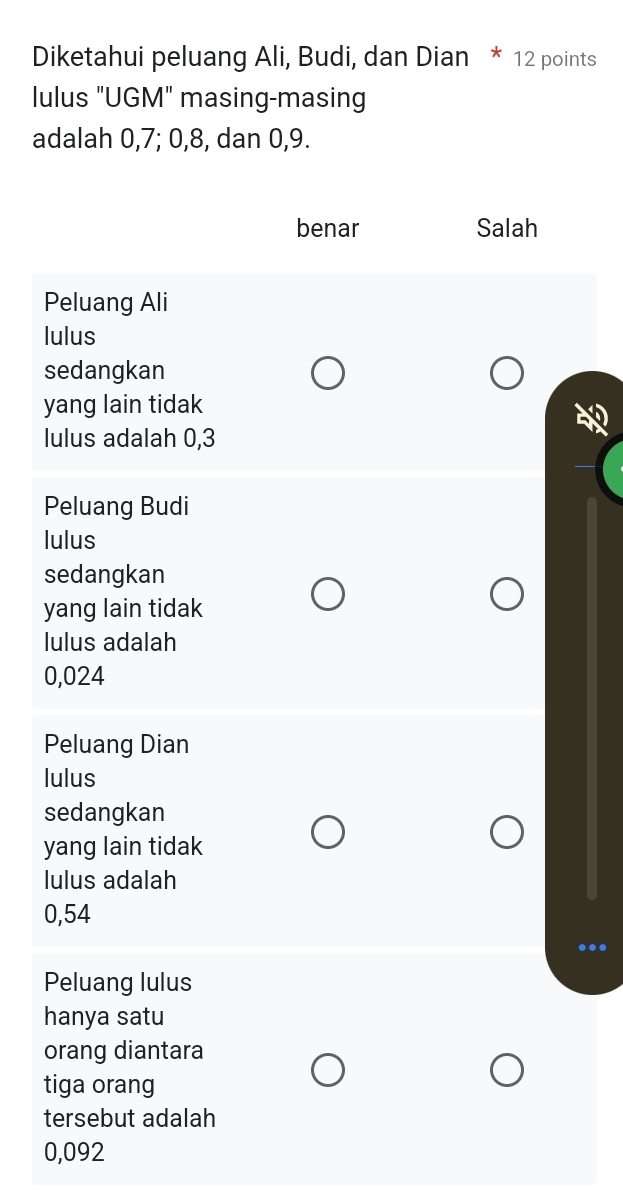 Diketahui peluang Ali, Budi, dan Dian * 12 points
lulus "UGM" masing-masing
adalah 0, 7; 0, 8, dan 0, 9.
benar Salah
Peluang Ali
lulus
sedangkan
yang lain tidak
lulus adalah 0,3
Peluang Budi
lulus
sedangkan
yang lain tidak
lulus adalah
0,024
Peluang Dian
lulus
sedangkan
yang lain tidak
lulus adalah
0,54
Peluang lulus
hanya satu
orang diantara
tiga orang
tersebut adalah
0,092