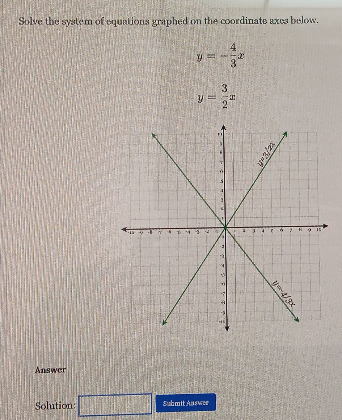 Solve the system of equations graphed on the coordinate axes below.
y=- 4/3 x
y= 3/2 x
Answer
Solution: □ Submit Answer