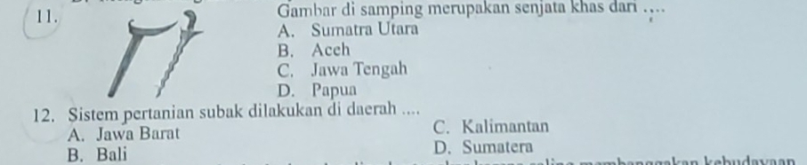 Gambar di samping merupakan senjata khas dari ....
A. Sumatra Utara
B. Aceh
C. Jawa Tengah
D. Papua
12. Sistem pertanian subak dilakukan di daerah ....
A. Jawa Barat C. Kalimantan
B. Bali D. Sumatera
ggakan kebudavaan