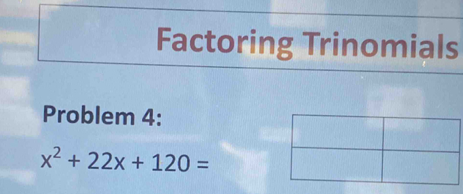 Factoring Trinomials 
Problem 4:
x^2+22x+120=