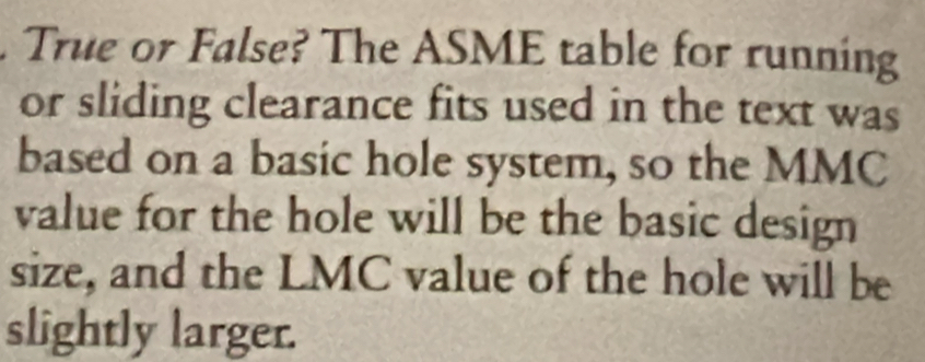 Solved: True or False? The ASME table for running or sliding clearance ...