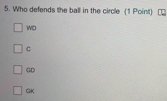 Who defends the ball in the circle (1 Point)
WD
C
GD
GK