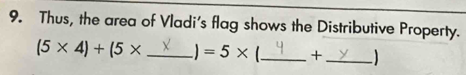 Thus, the area of Vladi's flag shows the Distributive Property. 
_ (5* 4)+(5*
)=5* _ + _ J