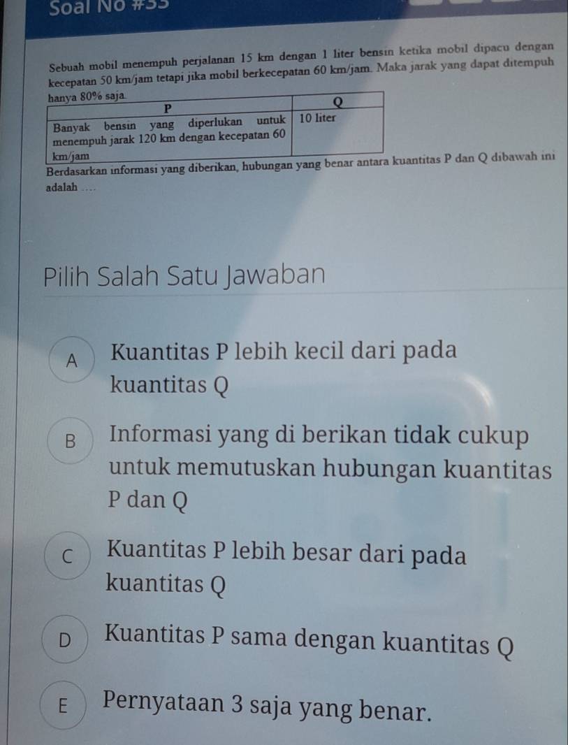 Soal No #S3
Sebuah mobil menempuh perjalanan 15 km dengan 1 liter bensin ketika mobil dipacu dengan
kecepatan 50 km/jam tetapi jika mobil berkecepatan 60 km/jam. Maka jarak yang dapat ditempuh
Berdasarkan informasi yang diberikan, hubuntitas P dan Q dibawah ini
adalah .._.
Pilih Salah Satu Jawaban
A Kuantitas P lebih kecil dari pada
kuantitas Q
B Informasi yang di berikan tidak cukup
untuk memutuskan hubungan kuantitas
P dan Q
C Kuantitas P lebih besar dari pada
kuantitas Q
D Kuantitas P sama dengan kuantitas Q
E Pernyataan 3 saja yang benar.