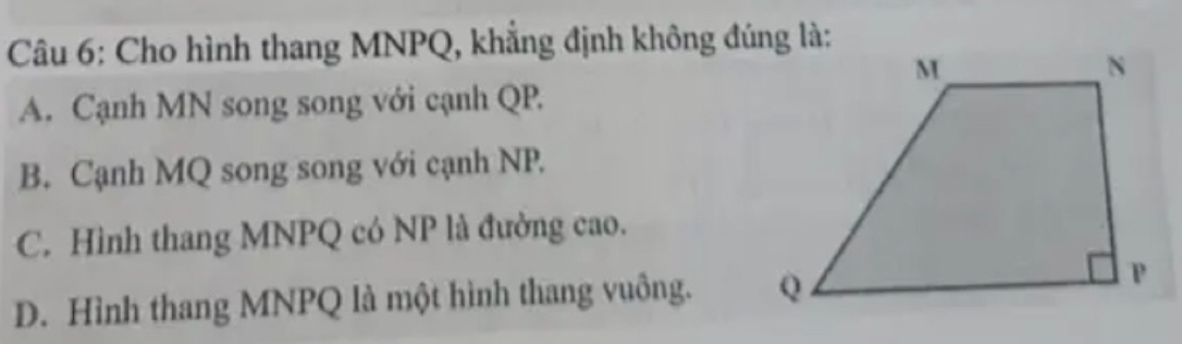 Cho hình thang MNPQ, khẳng định không đúng là:
A. Cạnh MN song song với cạnh QP.
B. Cạnh MQ song song với cạnh NP.
C. Hình thang MNPQ có NP là đường cao.
D. Hình thang MNPQ là một hình thang vuông.