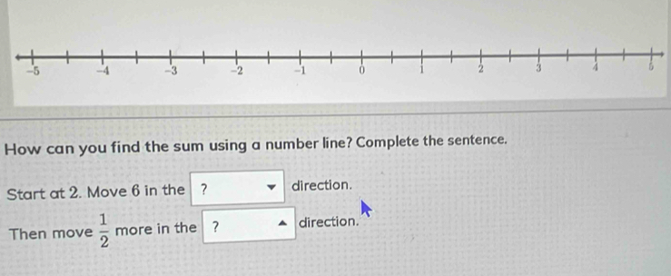 How can you find the sum using a number line? Complete the sentence. 
Start at 2. Move 6 in the ？ direction. 
Then move  1/2  more in the ? direction.