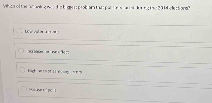 Solved: Which of the following was the biggest problem that pollsters ...