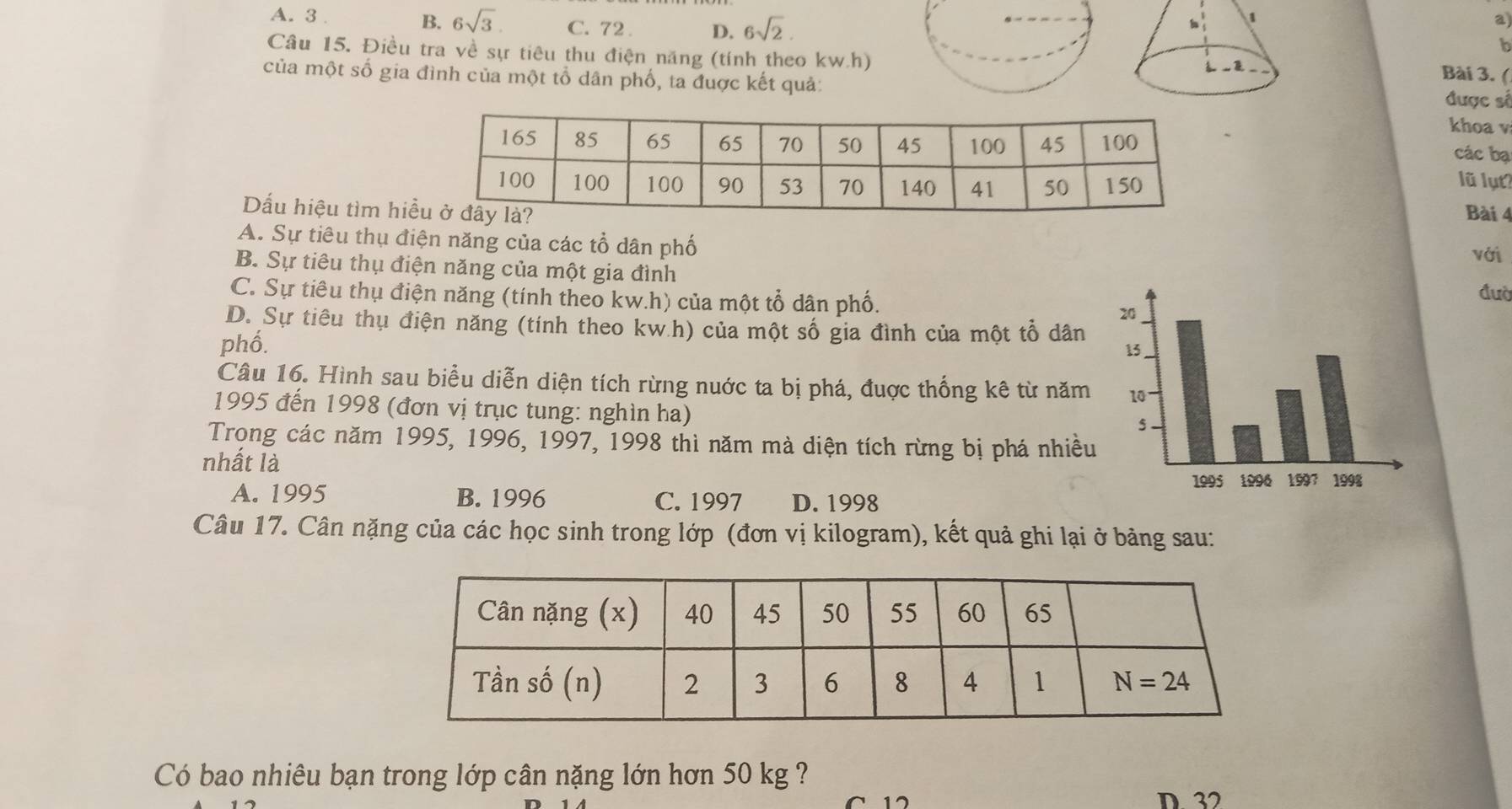 B.
A. 3 . 6sqrt(3). C. 72 . D. 6sqrt(2).
、 1
a
k
Câu 15. Điều tra về sự tiêu thu điện năng (tính theo kw.h) Bài 3. (
__1_
của một số gia đình của một tổ dân phố, ta đuợc kết quả: được sĩ
khoa v
các bạ
lũ lụt
Dấu hiệu tìm hiềBài 4
với
A. Sự tiêu thụ điện năng của các tổ dân phố đườ
B. Sự tiêu thụ điện năng của một gia đình
C. Sự tiêu thụ điện năng (tính theo kw.h) của một tổ dân phố.
D. Sự tiêu thụ điện năng (tính theo kw h) của một số gia đình của một tổ dân
phố.
Câu 16. Hình sau biểu diễn diện tích rừng nuớc ta bị phá, đuợc thống kê từ năm
1995 đến 1998 (đơn vị trục tung: nghìn ha)
Trong các năm 1995, 1996, 1997, 1998 thì năm mà diện tích rừng bị phá nhiều
nhất là
A. 1995 B. 1996 C. 1997 D. 1998
Câu 17. Cân nặng của các học sinh trong lớp (đơn vị kilogram), kết quả ghi lại ở bảng sau:
Có bao nhiêu bạn trong lớp cân nặng lớn hơn 50 kg ?
17
D 32