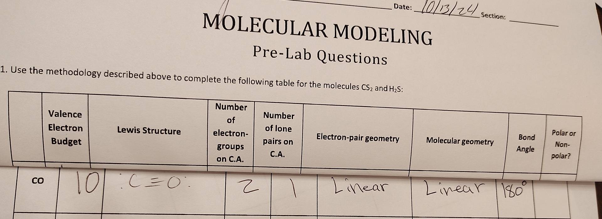 Date:
_
_
Section:
MOLECULAR MODELING
Pre-Lab Questions
1. Use the methodology described above to complete the following table for the molec