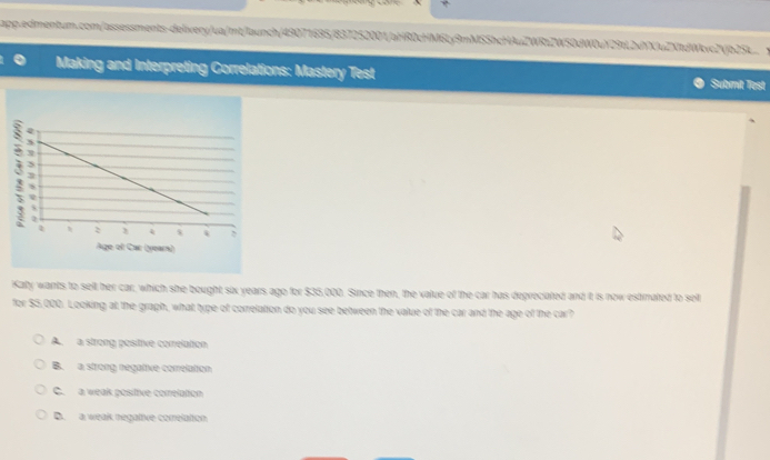 Making and Interpreting Correlations: Mastery Test Submit Tiest
Age of Car (year)
Katy wants to sell her car, which she bought six years ago for $36,000. Since then, the value of the car has depreciated and it is now estimated to selt
for $5,000. Looking at the graph, what type of correlation do you see between the value of the car and the age of the car?
A. a strong positive correlation
B. a strong negative comelation
C. a weak positive correlation
B. a weal negative comelation