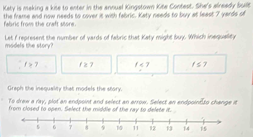 Katy is making a kite to enter in the annual Kingstown Kite Contest. She's already built
the frame and now needs to cover it with fabric. Katy needs to buy at least 7 yards of
fabric from the craft store.
Let f represent the number of yards of fabric that Katy might buy. Which inequality
models the story?
f≥slant 7
f≥ 7
f<7</tex>
1≤ 7
Graph the inequality that models the story.
To draw a ray, plot an endpoint and select an arrow. Select an endpoin to change it
from closed to open. Select the middle of the ray to delete it.