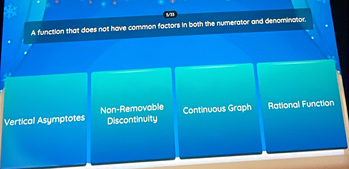 5/33
A function that does not have common factors in both the numerator and denominator.
Non-Removable Continuous Graph Rational Function
Vertical Asymptotes Discontinuity