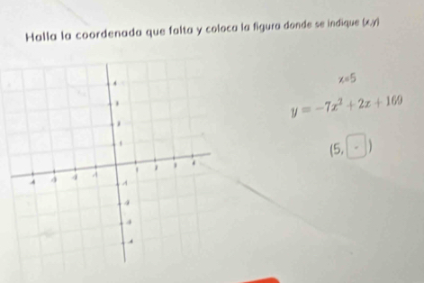 Halla la coordenada que falta y coloca la figura donde se indique (x,y)
x=5
y=-7x^2+2x+160
(5,-)