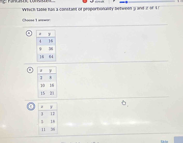 ng! F antastic consisten... streak
1 /8
Which table has a constant of proportionality betweeny and x of 4
Choose 1 answer:
a
B 
Skio