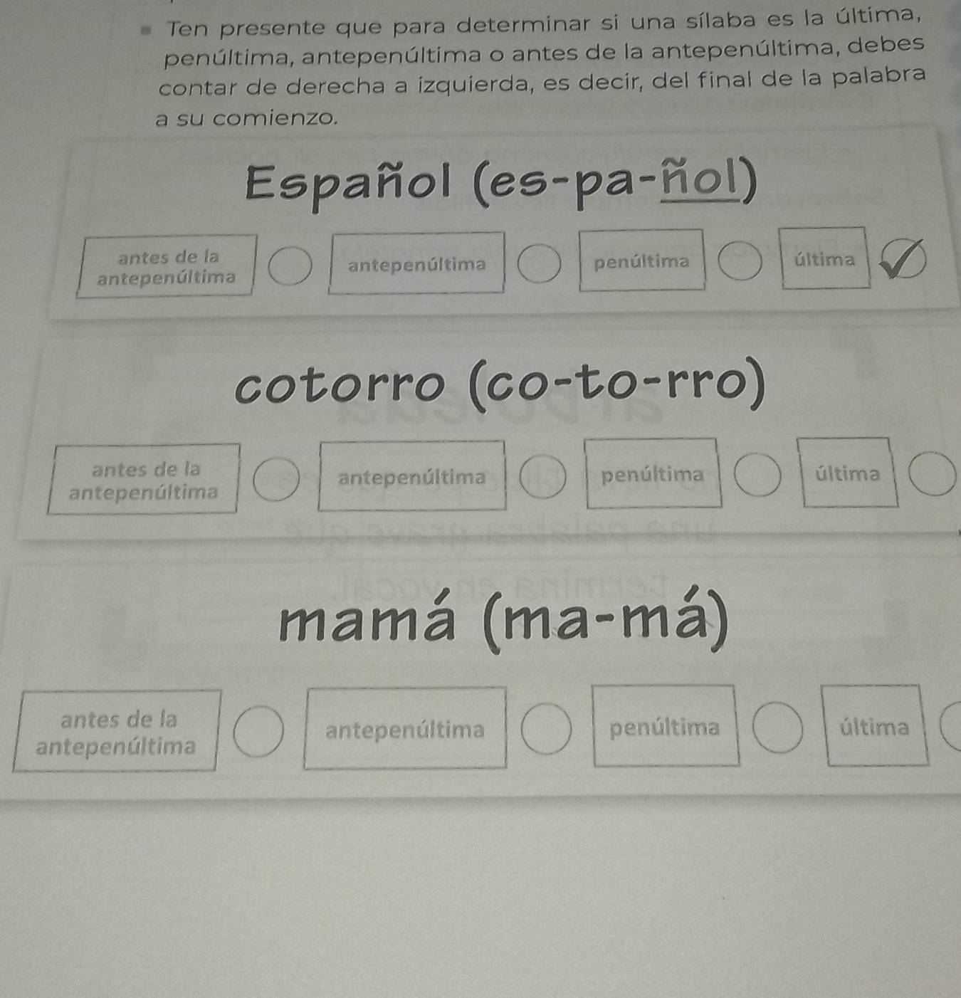 Ten presente que para determinar si una sílaba es la última,
penúltima, antepenúltima o antes de la antepenúltima, debes
contar de derecha a izquierda, es decir, del final de la palabra
a su comienzo.
Español (es-pa-ñol)
antes de la última
antepenúltima penúltima
antepenúltima
cotorro (co-to-rro)
antes de la última
antepenúltima penúltima
antepenúltima
mamá (ma-má)
antes de la
antepenúltima penúltima última
antepenúltima