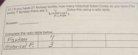 11.) If you have 21 fantasy books, how many historical fiction books do you have if for 
every 7 fantasy there are 3 Solve this using a ratio table. 
Answer:_