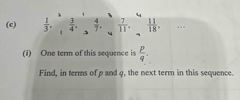  1/3 ,  3/4 ,  4/7 ,  7/11 ,  11/18 , …_ 
(i) One term of this sequence is  p/q . 
Find, in terms of p and q, the next term in this sequence.