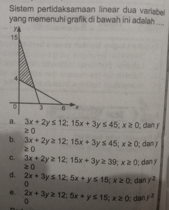 Sistem pertidaksamaan linear dua variabel
yang memenuhi grafik di bawah ini adalah ....
a. 3x+2y≤ 12; 15x+3y≤ 45; x≥ 0; dan y
≥ 0
b. 3x+2y≥ 12; 15x+3y≤ 45; x≥ 0; dan y
≥ 0
C. 3x+2y≥ 12; 15x+3y≥ 39; x≥ 0; dan y
≥ 0
d. 2x+3y≤ 12; 5x+y≤ 15; x≥ 0; dan y≥
0
e. 2x+3y≥ 12; 5x+y≤ 15; x≥ 0; dan y^2
0