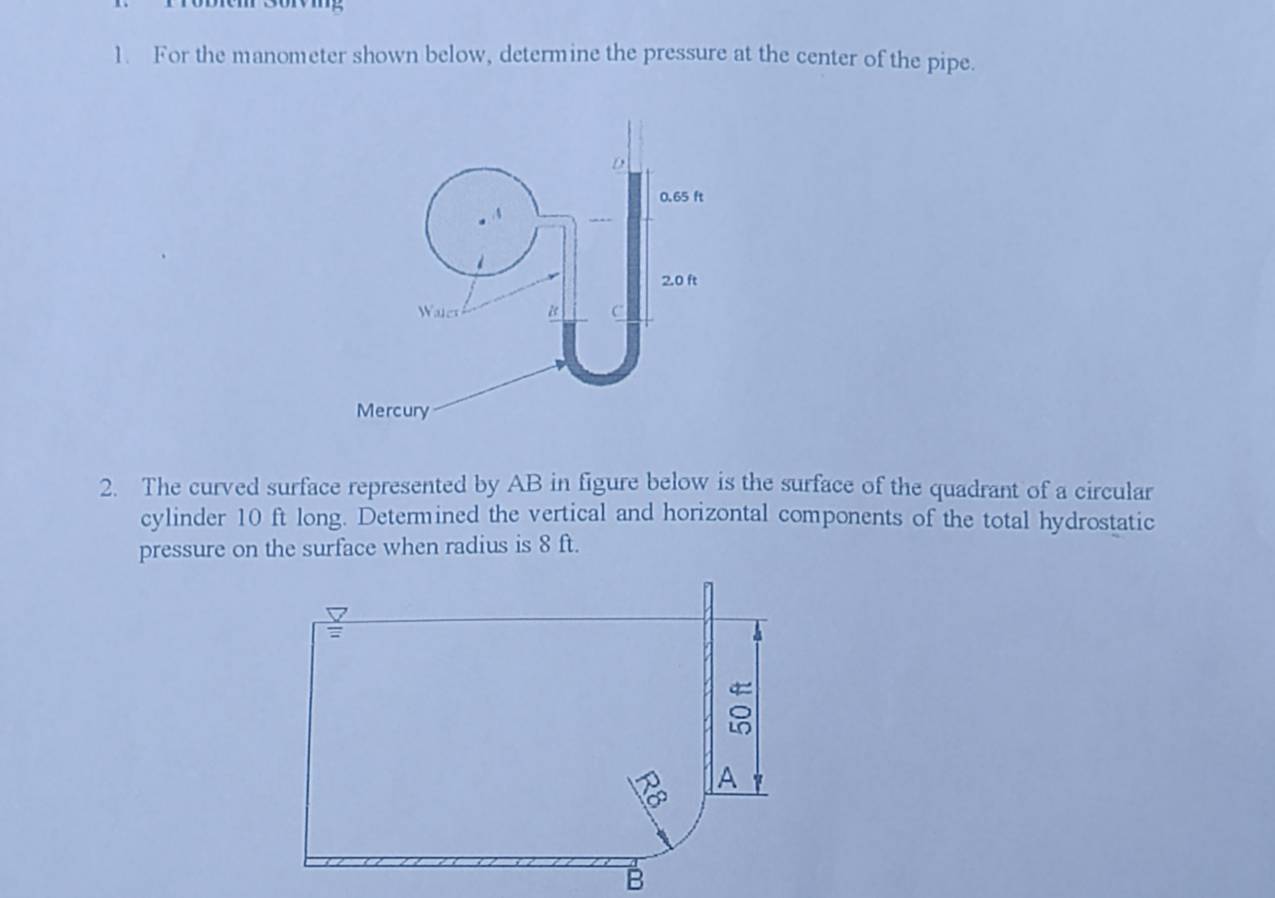 Solved: For the manometer shown below, determine the pressure at the ...