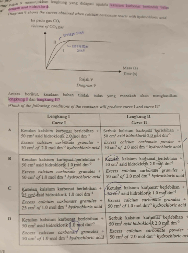 kmorRajah 9 menunjukkan lengkung yang didapati apabila kalsnum karbonat bertindak balas
at dengan asid hidroklorik.
Diagram 9 shows the curves obtained when calcium carbonate reacts with hydrochloric acid
Isi padu gas CO_2
Volume of CO_2 gas
Antara berikut, keadaan bahan tindak balas yang manakah akan menghasilkan
lengkung I dan lengkung II?
Which of the following conditions of the reactants will produce curve I and curve II?
+
+
id
+
+
cid
n+
er
c ac