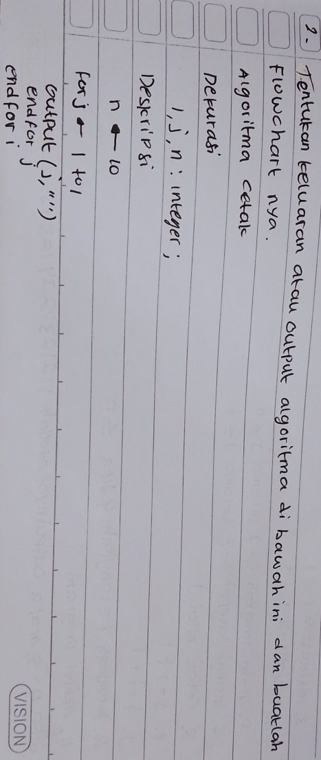 Tentukan keluaran atau outpul algoritma di bawahini dan buat(ah 
flowchart nya. 
A(goritma cetak 
peturasi
1, j , n: integer; 
Deskripsi
n-10
forj-1+ol
output (1,·s )
endfor j
endfor i