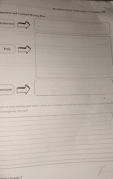 IMPLEMENTATION OF THE MATATAG K TO 18 CURRICULUM 
nparison and Contrast Writing Plan 
troduction 
Body 
nclusion 
sed on your writing plan above, write your comparison and contrast composition on the Sinulo 
_ 
d Dinagyang festivals. 
_ 
_ 
_ 
_ 
_ 
_ 
_ 
_ 
_ 
_ 
_ 
glish 7 Quarter 3