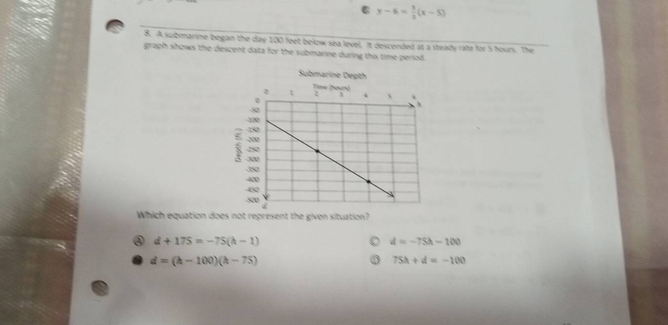 y-6= 3/2 (x-5)
8. A submarine began the day 100 feet below sea level. It descended at a steady rate for 5 hours. The
graph shows the descent data for the submarine during this time period.
Submarine Depth
Which equation does not represent the given situation?
③ d+175=-75(h-1)
d=-75h-100
d=(h-100)(h-75)
75h+d=-100