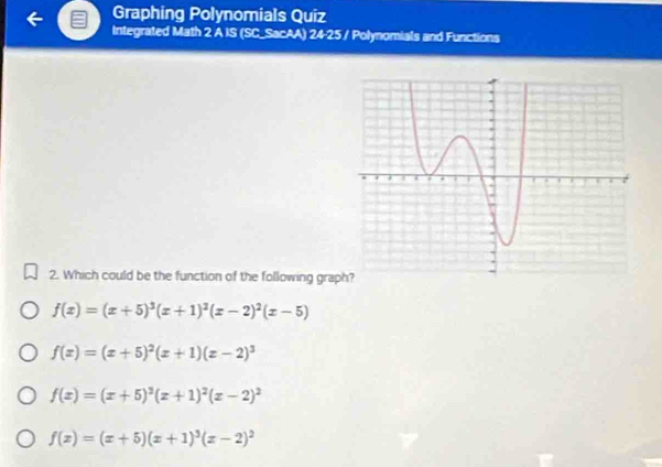 Graphing Polynomials Quiz
Integrated Math 2 A IS (SC_SacAA) 24-25 / Polynomials and Functions
2. Which could be the function of the following grap
f(x)=(x+5)^3(x+1)^2(x-2)^2(x-5)
f(x)=(x+5)^2(x+1)(x-2)^3
f(x)=(x+5)^2(x+1)^2(x-2)^2
f(x)=(x+5)(x+1)^3(x-2)^2