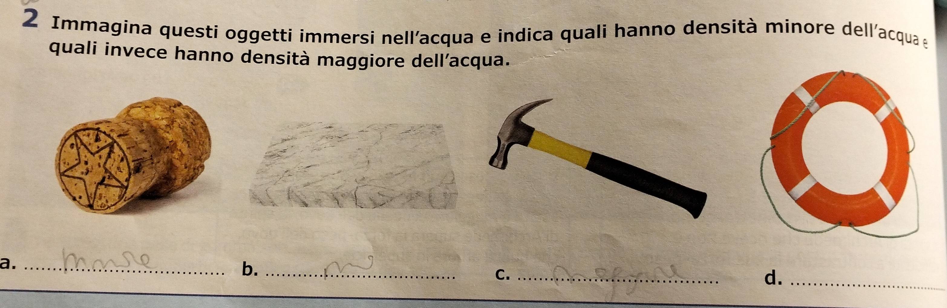 Immagina questi oggetti immersi nell'acqua e indica quali hanno densità minore dell'acqua e 
quali invece hanno densità maggiore dell’acqua. 
a._ 
b._ 
C._ 
d._