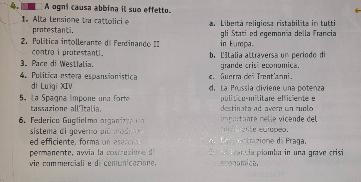 ■■□ A ogni causa abbina il suo effetto.
1. Alta tensione tra cattolici e
a. Libertà religiosa ristabilita in tutti
protestanti.
gli Stati ed egemonia della Francia
2. Politica intollerante di Ferdinando II in Europa.
contro i protestanti. b. LItalia attraversa un periodo di
3. Pace di Westfalia.
grande crisi economica.
4. Politica estera espansionistica c. Guerra dei Trent’anni.
di Luigi XIV d. La Prussia diviene una potenza
5. La Spagna impone una forte politico-militare efficiente e
tassazione all’Italia. destinata ad avere un ruolo
6. Federico Guglielmo organizza un importante nelle vicende del
sistema di governo più moderno continente europeo.
ed efficiente, forma un esercite e、 Defenestrazione di Praga.
permanente, avvia la costruzione di f. La Francia piomba in una grave crisi
vie commerciali e di comunicazione. economica.