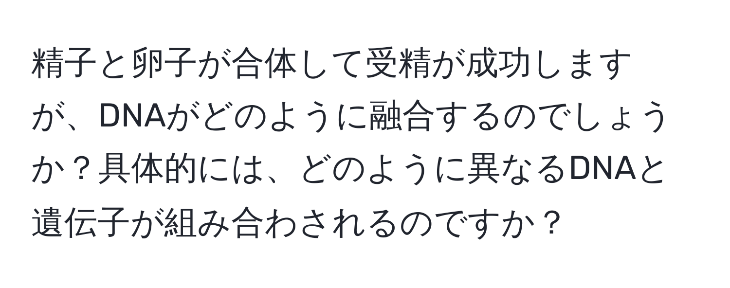 精子と卵子が合体して受精が成功しますが、DNAがどのように融合するのでしょうか？具体的には、どのように異なるDNAと遺伝子が組み合わされるのですか？