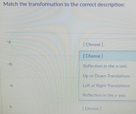 Match the transformation to the correct description:
-a
[ Choose ]
[ Choose ]
-b
Reflection in the x-axis
Up or Down Translations
Left or Right Translations
Reflection in the y-axis
k
[ Choose ]