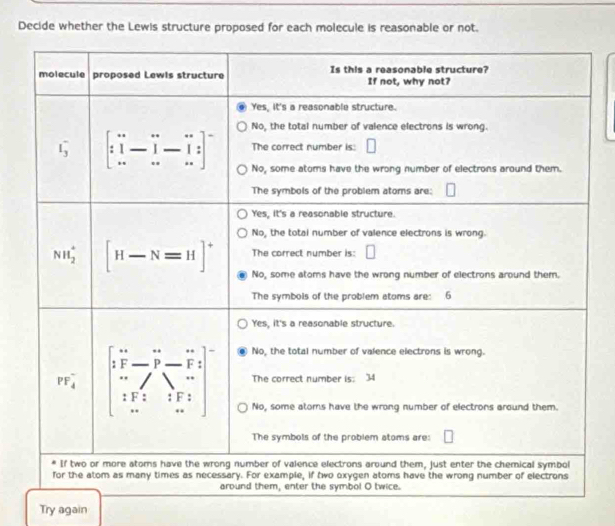 Decide whether the Lewis structure proposed for each molecule is reasonable or not.
Try again