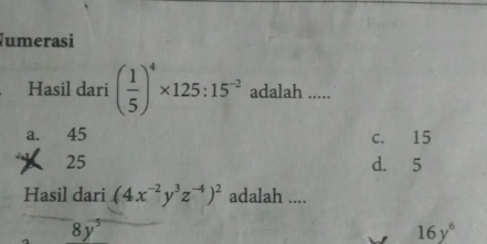 umerasi
Hasil dari ( 1/5 )^4* 125:15^(-2) adalah .....
a. 45 c. 15
25 d. 5
Hasil dari (4x^(-2)y^3z^(-4))^2 adalah ....
8y^5
16y^6