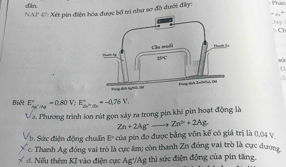 dần.
NAP 47: Xét pin điện hợc bố trí như sơ đồ dưới đây:
: Phản^>/Cr^=
Dáp 
2: Ch
sứ
D
3
Biết E_Ag^+/Ag^circ =0,80V;E_Zn^(2+)/Zn^circ =-0,76V.
a. Phương trình ion rút gọn xảy ra trong pin khi pin hoạt động là
Zn+2Ag^+to Zn^(2+)+2Ag.
b. Sức điện động chuẩn E° của pin đo được bằng vôn kế có giá trị là 0,04 V.
c. Thanh Ag đóng vai trò là cực âm; còn thanh Zn đóng vai trò là cực dương.
d. Nếu thêm KI vào điện cực Ag⁺/Ag thì sức điện động của pin tăng.